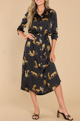 Going Wild Satin Leopard Print Button Down Long Sleeve Midi Dress