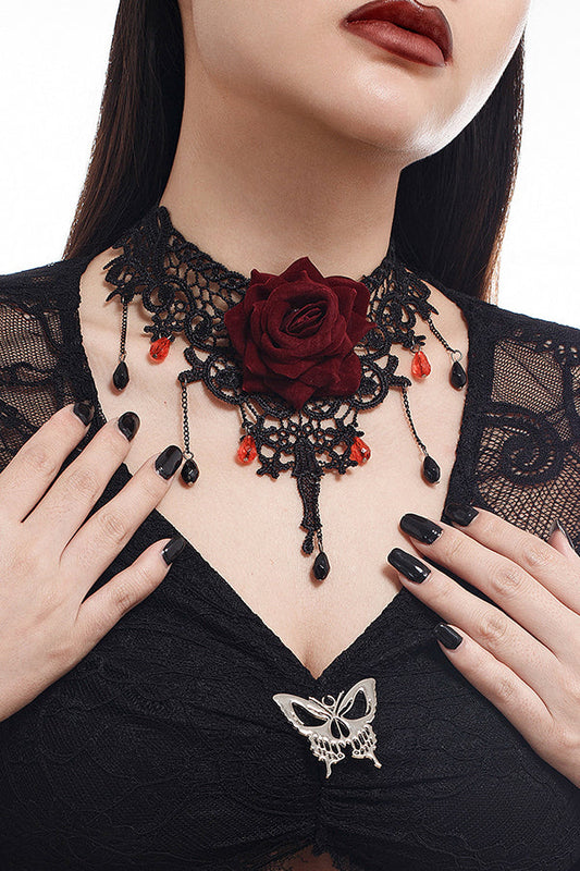 Halloween Vintage Rose Lace Drop Pendant Necklace