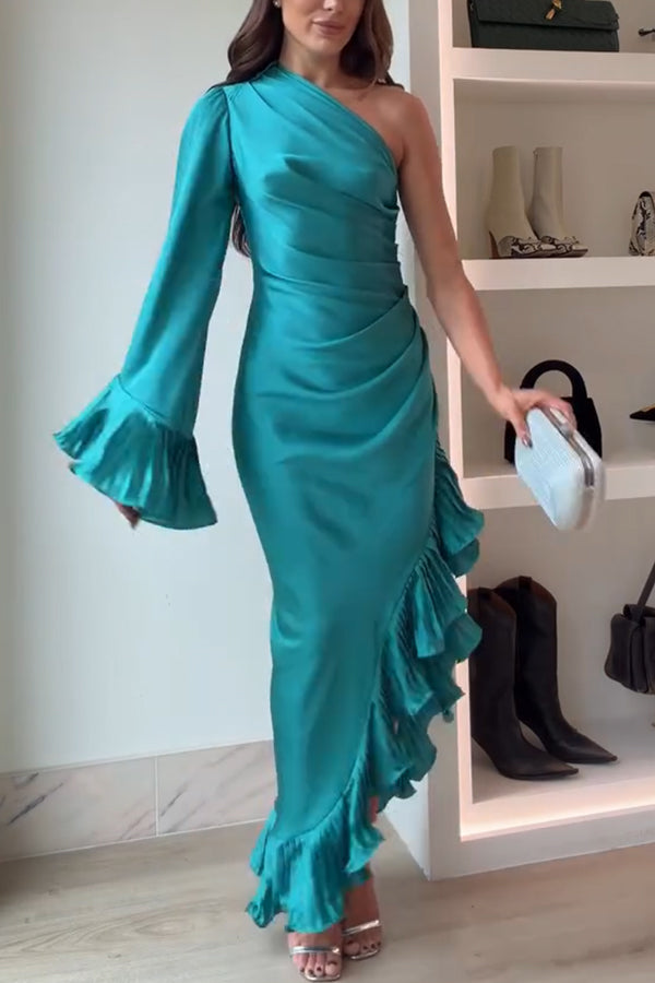 Elegant Satin One Shoulder Sleeve Pleated Ruffles Trim Ruched Asymmetrical Maxi Dress