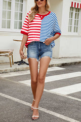 Striped Color Block Print Crew Neck Short Sleeve Loose Top