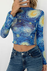 Starry Sky Print Stand Collar Mesh Long Sleeve Slim Fit Top