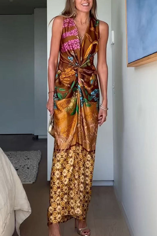 Naturally Inspired Satin Unique Floral Print Twist Waist Slit Drape Maxi Dress