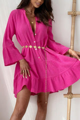 Linen Blend Solid V-Neck Bell Sleeve Casual Mini Dress