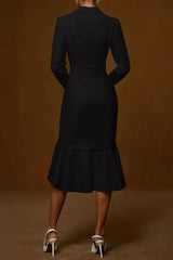 Fashion Lapel Long-sleeved Elegant Hip-wrapped Fishtail Midi Dress