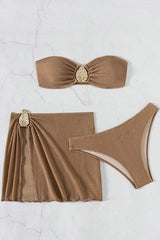 Waffle-knit Sexy Strapless Two-piece Stretch Bikini Swimsuit and Slit Mini Skirt Set