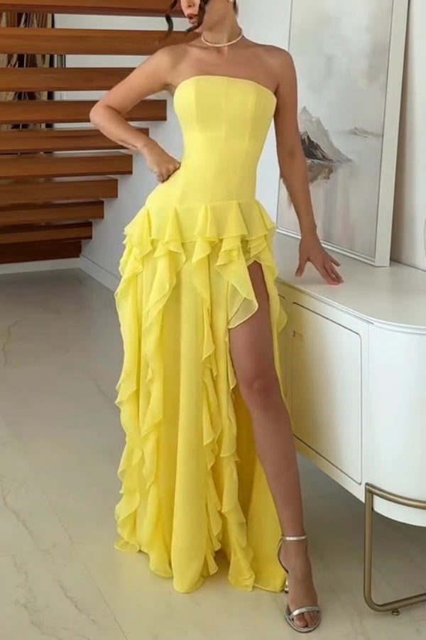 Elegant Sleeveless Off-shoulder Fitted Ruffled High Slit Maxi Dress