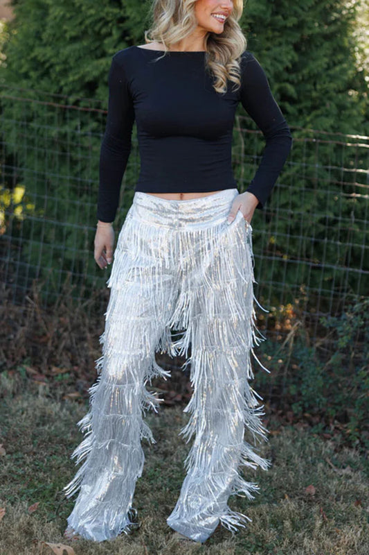 Music Festival Sequin Layered Tassels Mid Rise Pocket Loose Party Pants