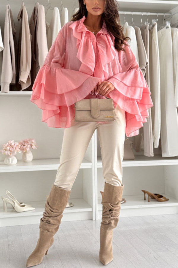Breezy Touch Chiffon Layered Ruffles Long Bell Sleeve Button Up Loose Blouse