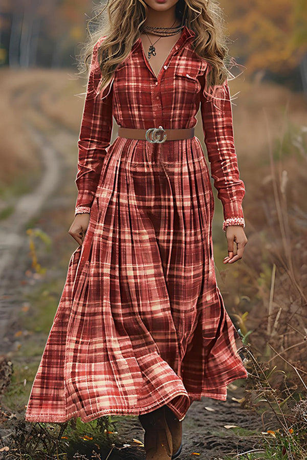 Plaid Print High-Waisted Button Vintage Maxi Dress