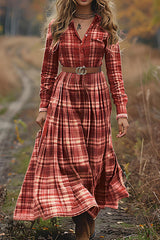 Plaid Print High-Waisted Button Vintage Maxi Dress
