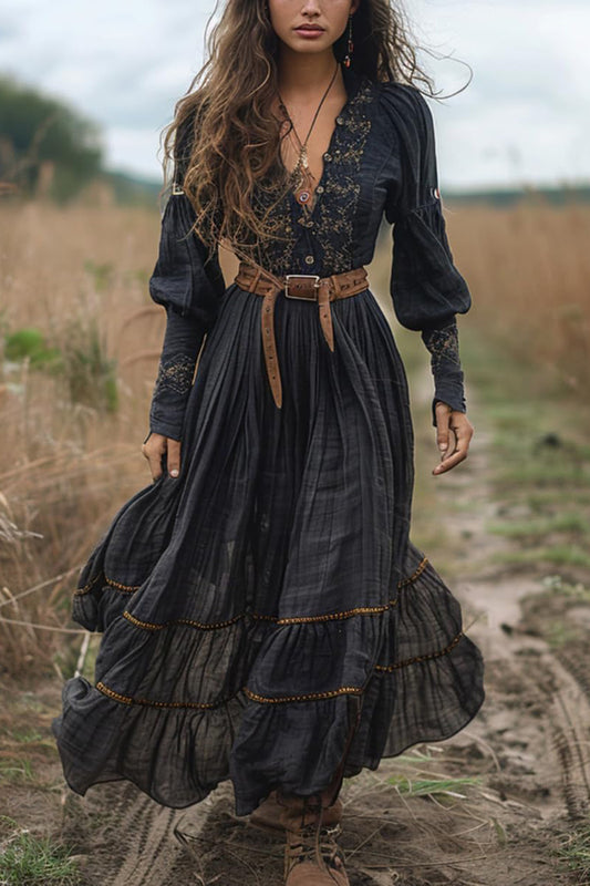 Unique Print V-Neck Long Sleeve Casual Vacation Maxi Dress