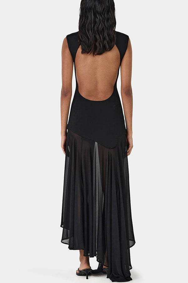 Alice Open Back Asymmetrical Tulle Hem Stretch Maxi Dress