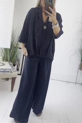 Fashion Striped Print Lapel Loose Top and Elastic Waist Casual Wide-leg Pants Set