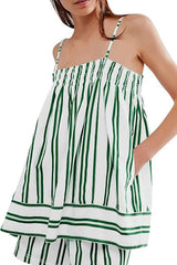 Striped Print Suspender Loose Pocket Top and Elastic Waist Casual Shorts Set