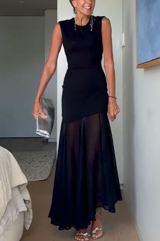 Alice Open Back Asymmetrical Tulle Hem Stretch Maxi Dress