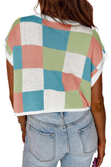 Fashionable Checkerboard Color Block Short-sleeved Loose Sweater