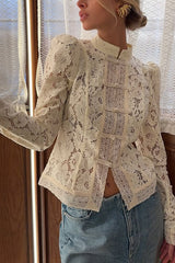 Fashion Hollow Lace Stand Collar Long Sleeve Slim Shirt