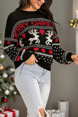 Christmas Elk Heart Shaped Round Neck Long Sleeve Loose Knitted Sweater