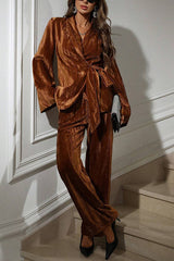Solid Color Velvet Pleated Long-sleeved Tie Top and Casual Pocket Straight-leg Pants Set