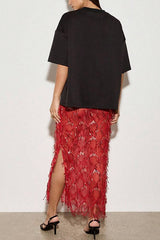 Sexy See-through Sequined Tassel Midi Skirt