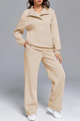 Solid Color Long-sleeved Lapel Sports Sweatshirt and Elastic Waist Casual Pocket Pants Set