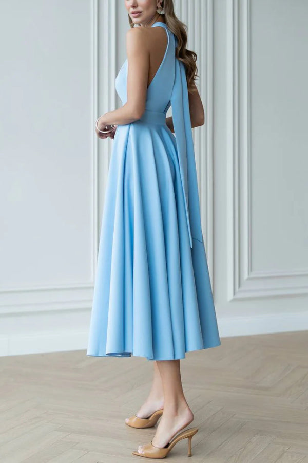 Solid Color Halter Neck Bow Tie Elegant Waist-cinching Midi Dress