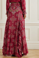Unique Printed Chiffon Long-sleeved Loose Shirt and Elegant Ruffled Maxi Skirt Set