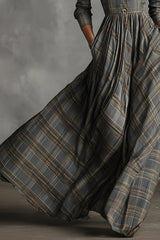 Retro Plaid Print Long-sleeved Shirt Style Casual Maxi Dress