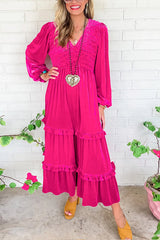 Rose Red Shirred V Neck Long Sleeve Velvet Dress