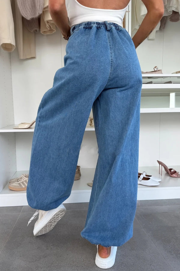 Stylish Denim High Rise Elastic Waist Pocket Loose Lantern Jeans