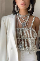 Fashionable Pearl Beaded Rhinestone Multi-layered Chest Necklace