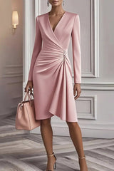 Solid Color V-neck Long-sleeved Waist-pleated Midi Dress