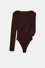 After Party Energy Brooch Detail One Sleeve Ruched Drape Stretch Bodysuit