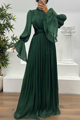 Ellah Shiny Fabric Chinese Stand Collar Twist Waist Balloon Sleeve Maxi Dress