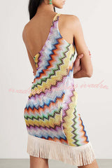 Eline Knit Colorful Zigzag PatternOne Shoulder Ruched Tassle Trim Mini Dress