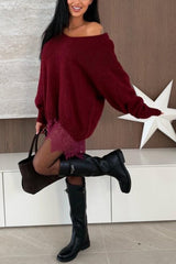 Comfy and Sweet Knit Lace Patchwork Hem Wide Neck Long Sleeve Loose Sweater