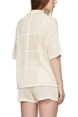 Solid Color Casual Cutout Button Shirt and Elastic Waist Drawstring Shorts Set