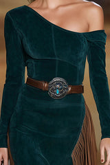 Stylish Slant Collar Long Sleeve Slim Fit Tassel Midi Dress