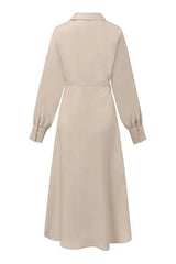 Elegant Long-sleeved Lapel Waisted Pleated Maxi Dress