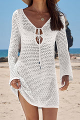 Solid Color Knit Hollow V-Neck Tie Long Sleeve Cover Up Mini Dress
