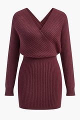 Solid Color Crossover V-neck Long-sleeved Fitted Waist Knit Mini Dress