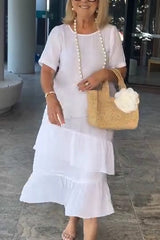 Linen Blend Solid Color Round Neck Casual Loose Midi Dress