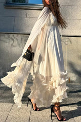 Fashionable V-neck Lace-up Ruffled Double-layer Hem Maxi Dress