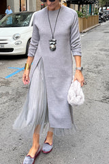 Jollie Knit Long Sleeve Front Slit Midi Sweater and Pleated Tulle Stretch Tank Midi Dress Two-piece Set