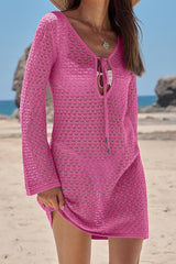 Solid Color Knit Hollow V-Neck Tie Long Sleeve Cover Up Mini Dress