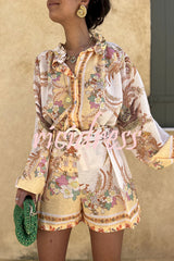 Botanical Print Palace Style Stand-up Collar Lantern Sleeve Loose Top and Casual Shorts Set