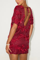 Feeling Exquisite Sequin-embellished Rose Texture Short Sleeve H-line Mini Dress