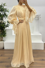 Ellah Shiny Fabric Chinese Stand Collar Twist Waist Balloon Sleeve Maxi Dress