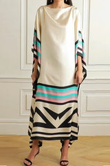 Unique Striped Print Crew Neck Loose Midi Dress