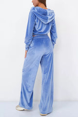 Solid Color Velvet Hooded Zip-up Sweatshirt and Elastic Waist Casual Pocket Straight-leg Pants Set